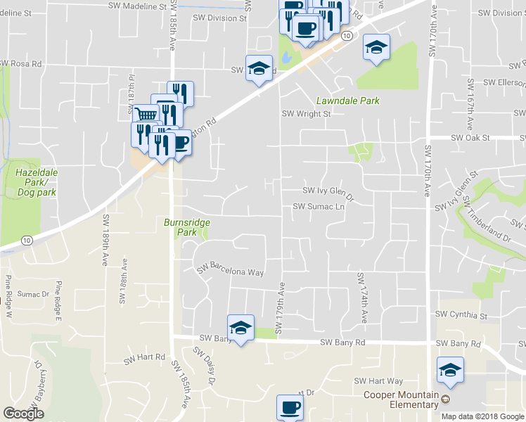 map of restaurants, bars, coffee shops, grocery stores, and more near 17991 Southwest Broad Oak Boulevard in Aloha