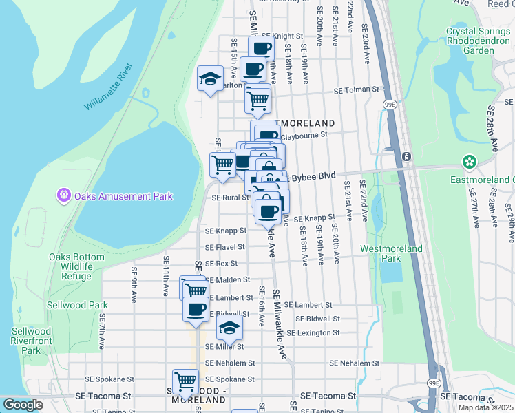map of restaurants, bars, coffee shops, grocery stores, and more near 7119 Southeast Milwaukie Avenue in Portland
