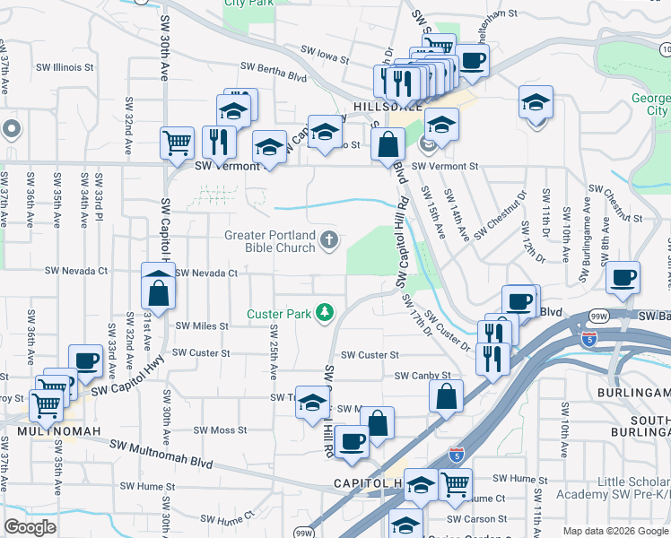 map of restaurants, bars, coffee shops, grocery stores, and more near 2120 Southwest Nevada Court in Portland