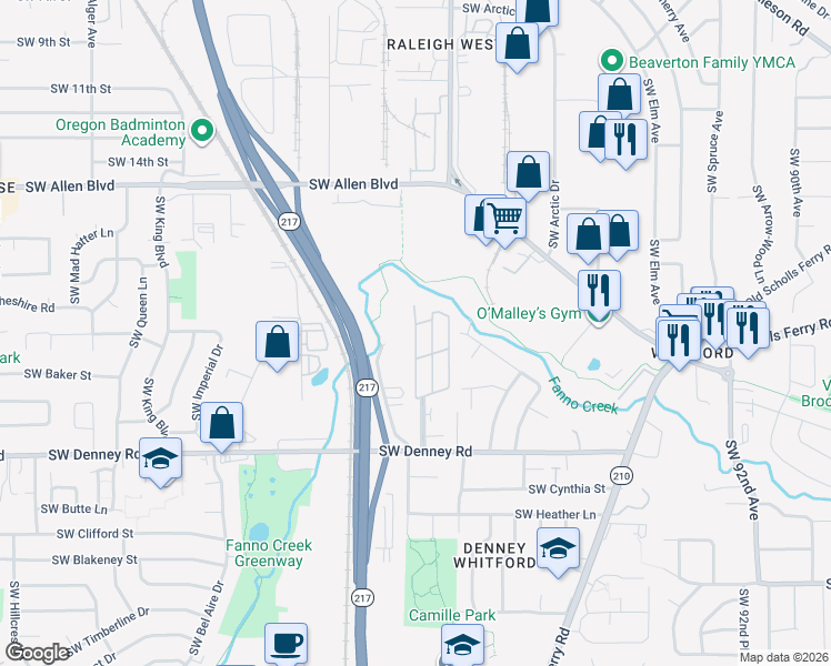 map of restaurants, bars, coffee shops, grocery stores, and more near 10405 Southwest Denney Road in Beaverton