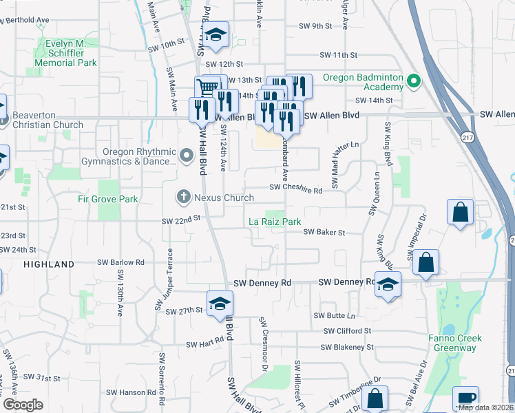 map of restaurants, bars, coffee shops, grocery stores, and more near 12150 Southwest Bruce Lane in Beaverton