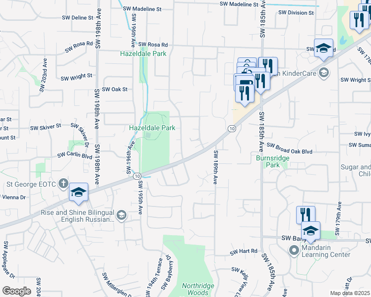 map of restaurants, bars, coffee shops, grocery stores, and more near 6550 Southwest 192nd Avenue in Beaverton