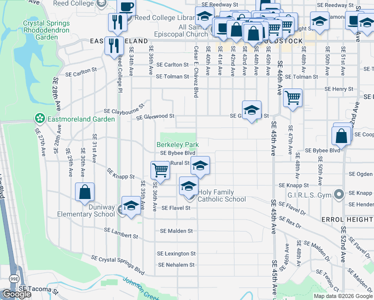 map of restaurants, bars, coffee shops, grocery stores, and more near 3729 Southeast Bybee Boulevard in Portland