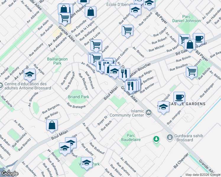 map of restaurants, bars, coffee shops, grocery stores, and more near 5370 Boulevard Milan in Brossard