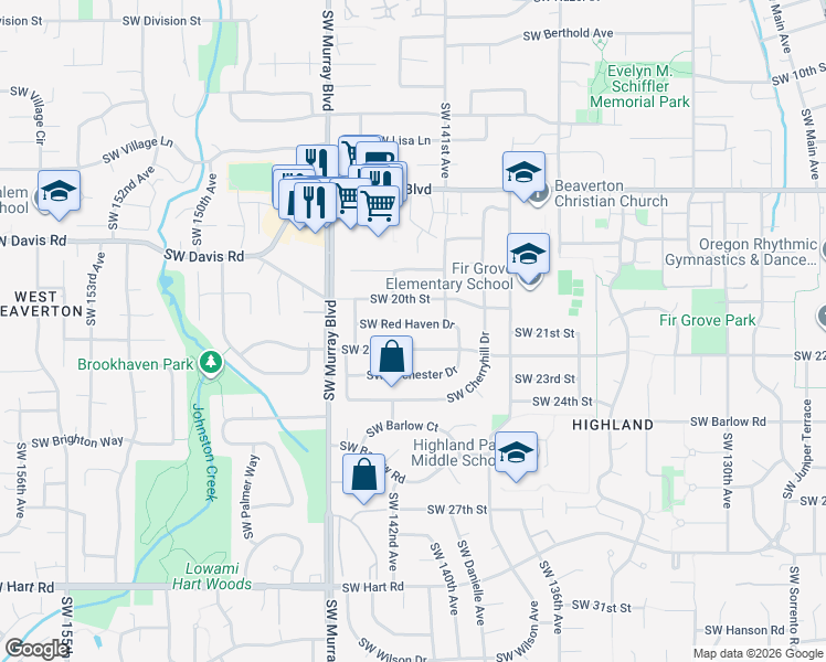 map of restaurants, bars, coffee shops, grocery stores, and more near 14170 Southwest Red Haven Drive in Beaverton