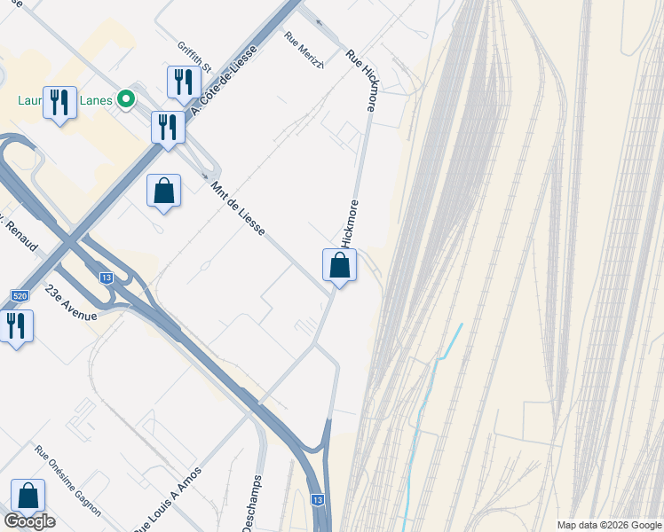 map of restaurants, bars, coffee shops, grocery stores, and more near 4565 Rue Hickmore in Montréal