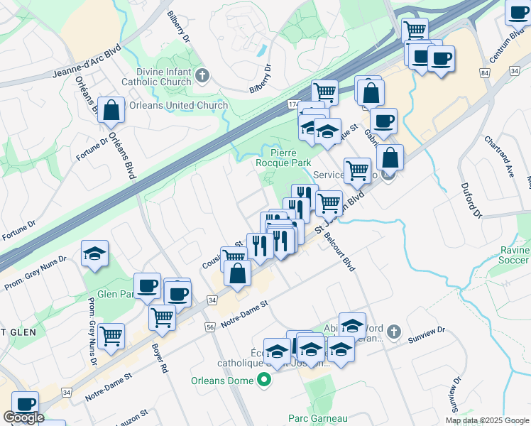 map of restaurants, bars, coffee shops, grocery stores, and more near 1287 Joseph Drouin Avenue in Ottawa