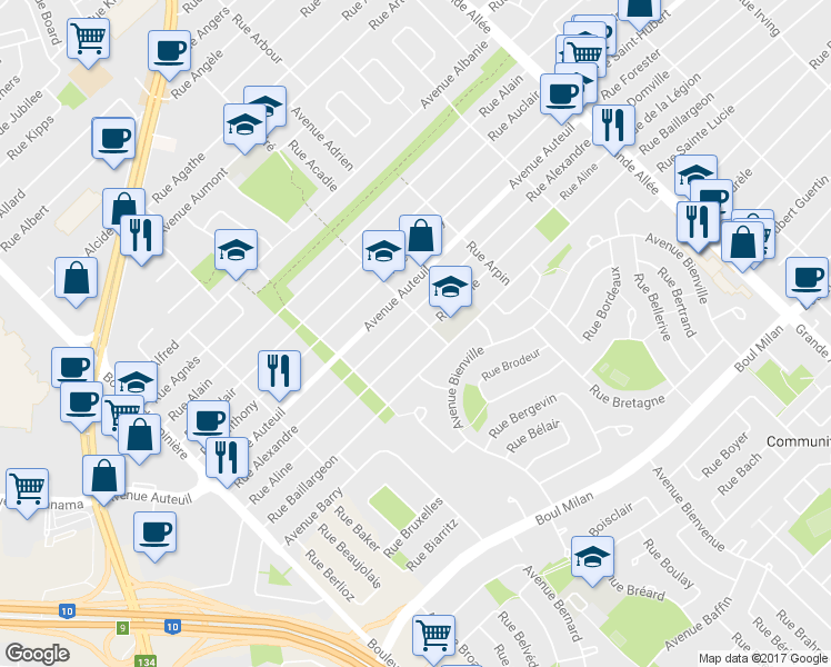 map of restaurants, bars, coffee shops, grocery stores, and more near 5811 Rue Aline in Brossard