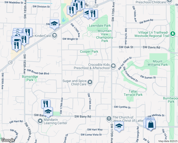 map of restaurants, bars, coffee shops, grocery stores, and more near 17390 Southwest Ivy Glenn Drive in Beaverton