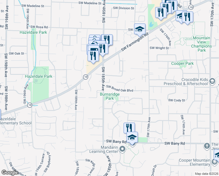 map of restaurants, bars, coffee shops, grocery stores, and more near 18430 Southwest Broad Oak Boulevard in Aloha