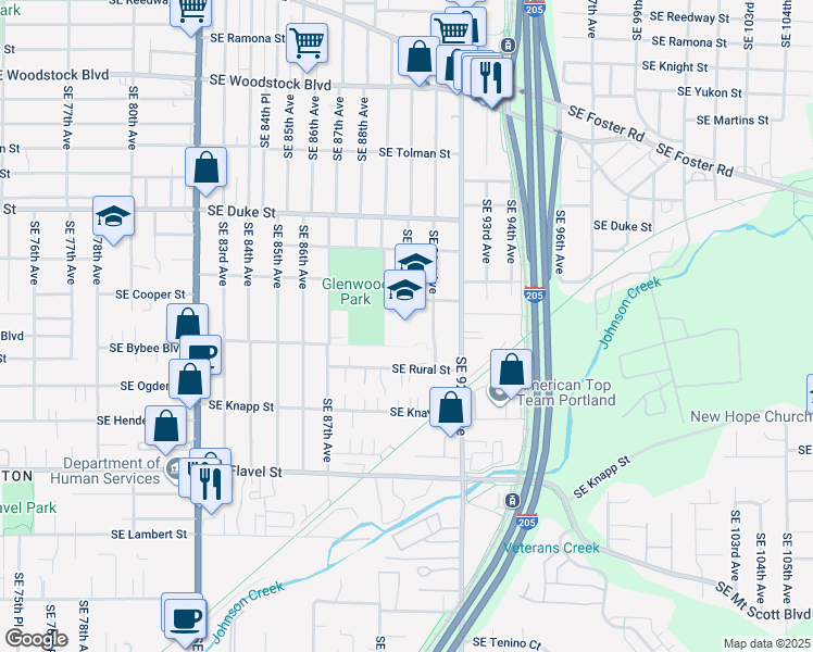 map of restaurants, bars, coffee shops, grocery stores, and more near 9030 South East Cooper Street in Portland