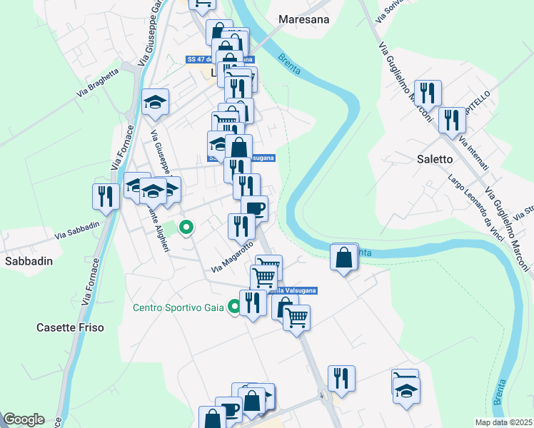 map of restaurants, bars, coffee shops, grocery stores, and more near 11A Via Montello in Limena