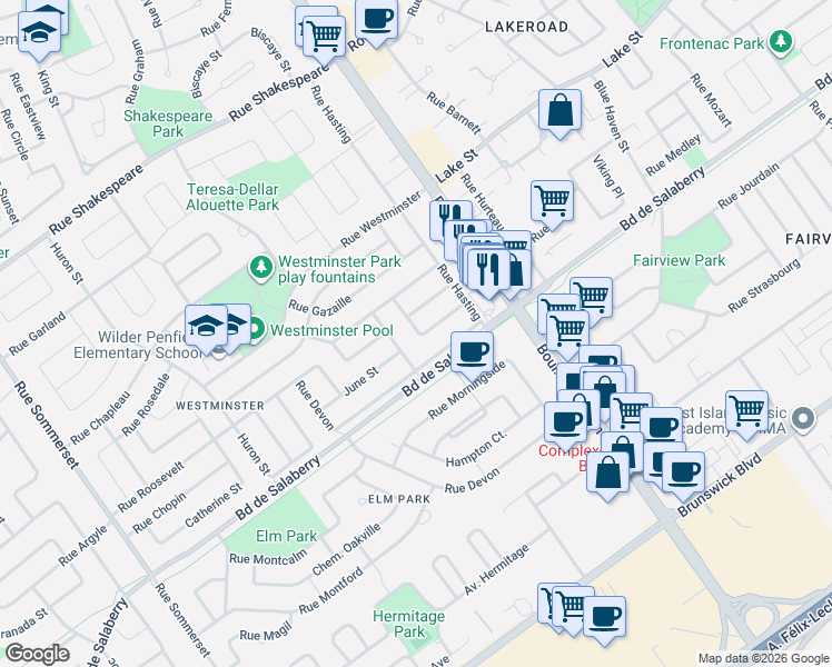 map of restaurants, bars, coffee shops, grocery stores, and more near 24 Rue Woodridge in Dollard-des-Ormeaux