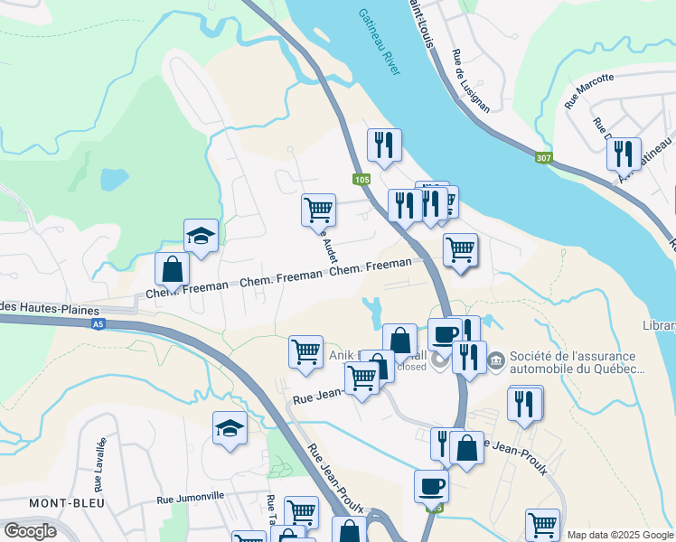 map of restaurants, bars, coffee shops, grocery stores, and more near 155 Chemin Freeman in Gatineau