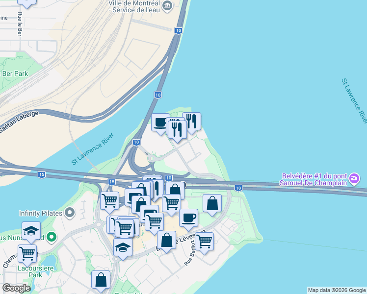 map of restaurants, bars, coffee shops, grocery stores, and more near 112 Chemin de la Pointe Nord in Montréal