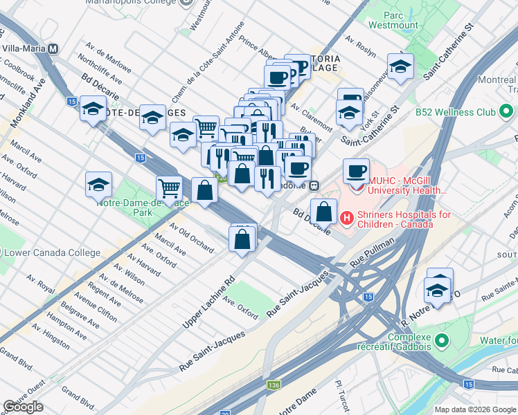 map of restaurants, bars, coffee shops, grocery stores, and more near 2115 Avenue Prud'homme in Montréal