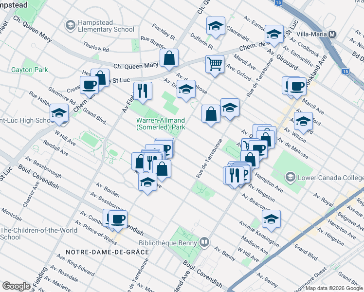 map of restaurants, bars, coffee shops, grocery stores, and more near 4660 Avenue Hingston in Montréal