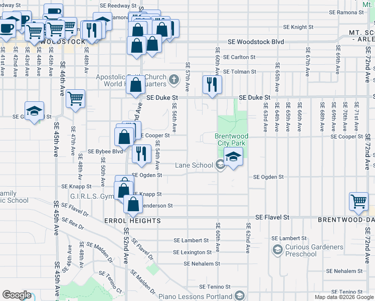 map of restaurants, bars, coffee shops, grocery stores, and more near Southeast Bybee Boulevard in Portland