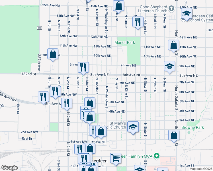 map of restaurants, bars, coffee shops, grocery stores, and more near 199 7th Ave NE in Aberdeen