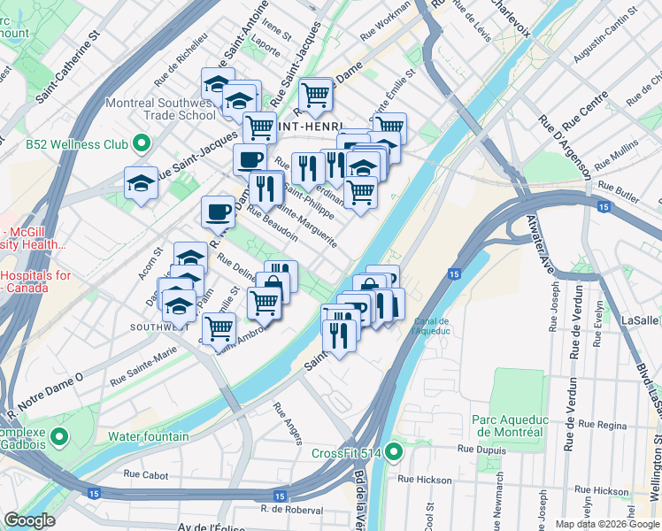 map of restaurants, bars, coffee shops, grocery stores, and more near 56 Rue Beaudoin in Montreal