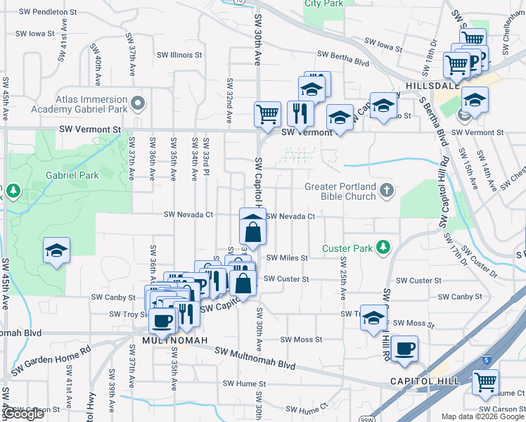 map of restaurants, bars, coffee shops, grocery stores, and more near 2935 Southwest Nevada Court in Portland