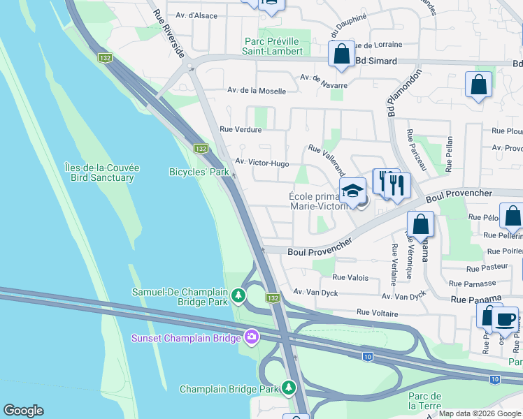 map of restaurants, bars, coffee shops, grocery stores, and more near 5810 Rue Vigneault in Brossard