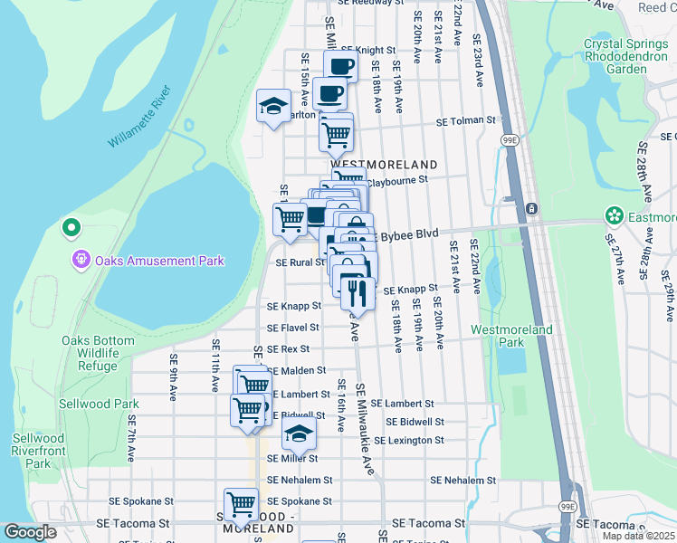map of restaurants, bars, coffee shops, grocery stores, and more near 7119 Southeast Milwaukie Avenue in Portland