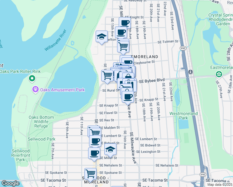 map of restaurants, bars, coffee shops, grocery stores, and more near 7115 Southeast 16th Avenue in Portland