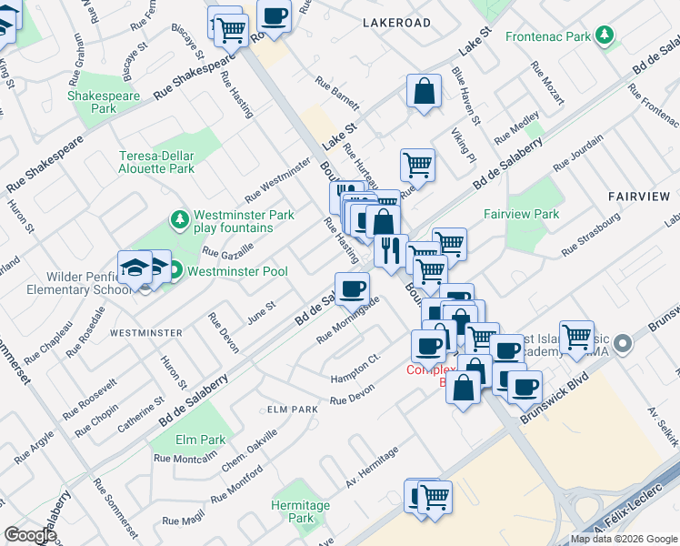map of restaurants, bars, coffee shops, grocery stores, and more near 7 Rue Citadel in Dollard-des-Ormeaux