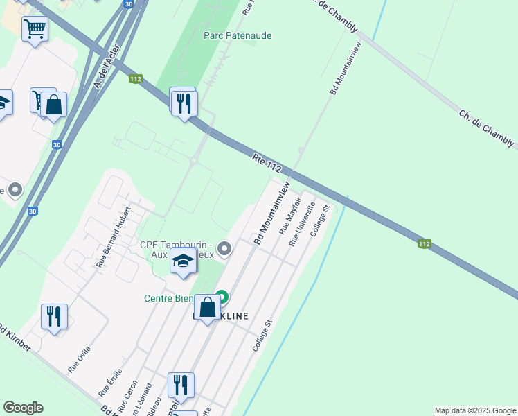 map of restaurants, bars, coffee shops, grocery stores, and more near 3183 Rue Rideau in Longueuil