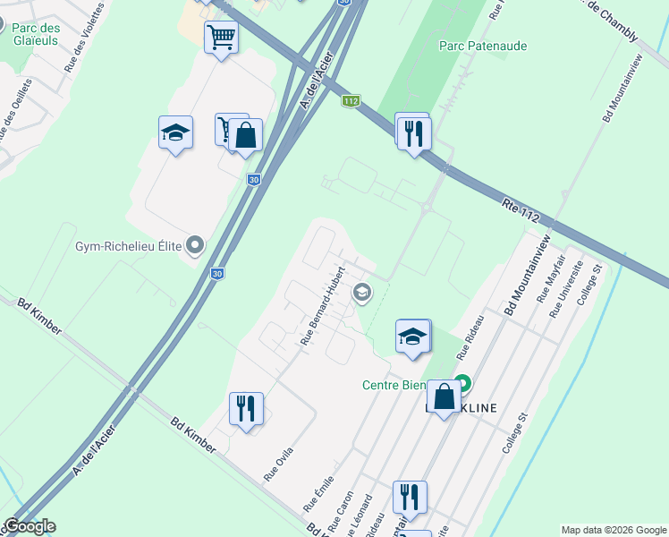 map of restaurants, bars, coffee shops, grocery stores, and more near 3981 Rue Bernard-Hubert in Longueuil