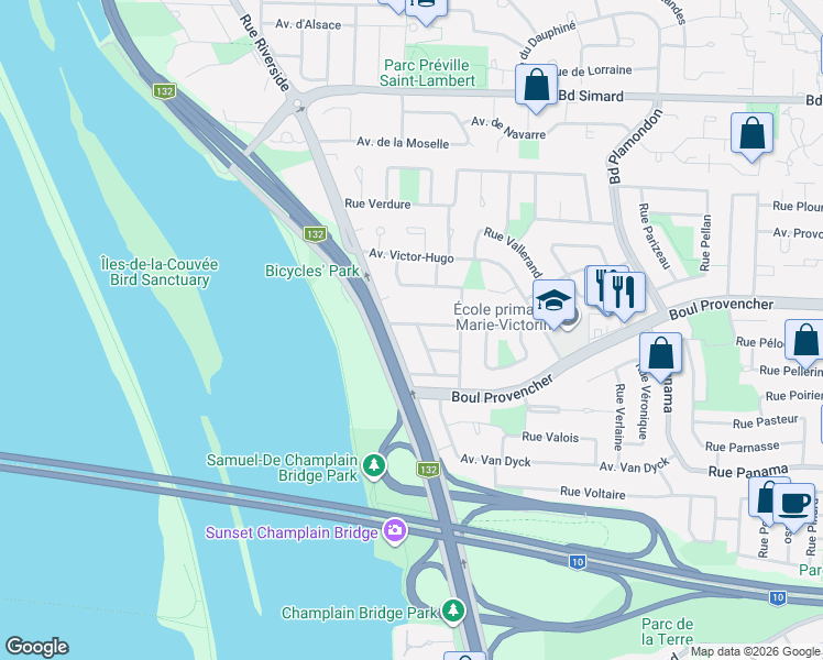 map of restaurants, bars, coffee shops, grocery stores, and more near 5810 Rue Vigneault in Brossard