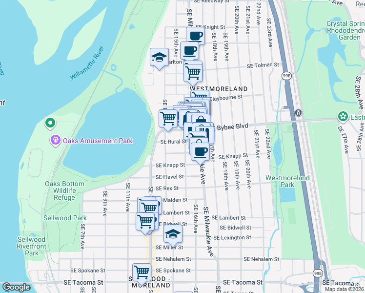 map of restaurants, bars, coffee shops, grocery stores, and more near 7115 Southeast 16th Avenue in Portland