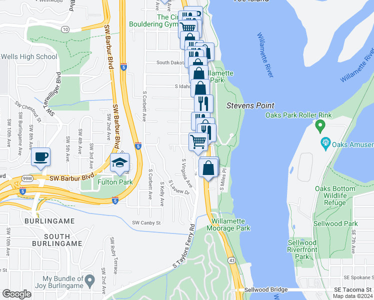 map of restaurants, bars, coffee shops, grocery stores, and more near 606 South Nevada Street in Portland