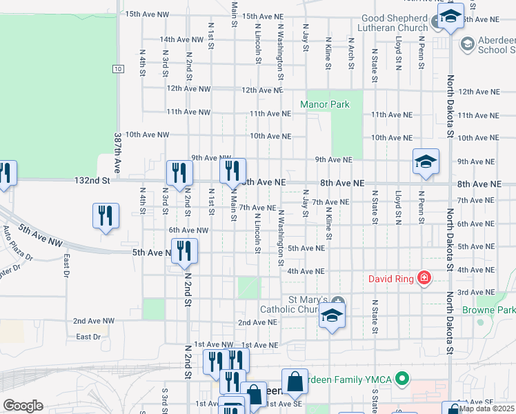 map of restaurants, bars, coffee shops, grocery stores, and more near 619 North Lincoln Street in Aberdeen