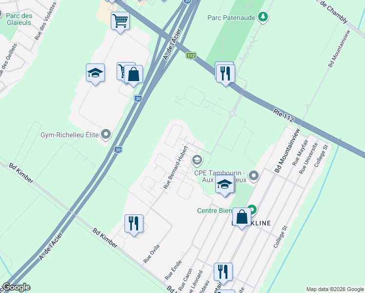 map of restaurants, bars, coffee shops, grocery stores, and more near 3981 Rue Bernard-Hubert in Longueuil