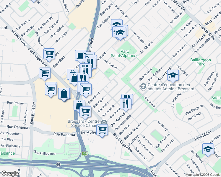 map of restaurants, bars, coffee shops, grocery stores, and more near 1736 Rue Agnès in Brossard