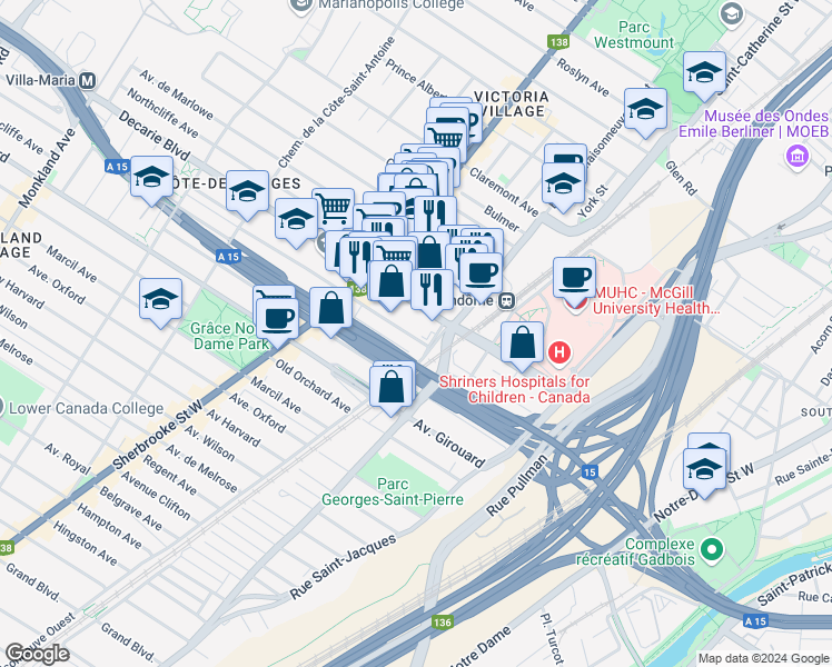 map of restaurants, bars, coffee shops, grocery stores, and more near 2127 Avenue Prud'homme in Montréal