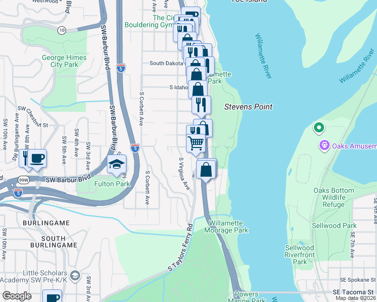 map of restaurants, bars, coffee shops, grocery stores, and more near 606 South Nevada Street in Portland