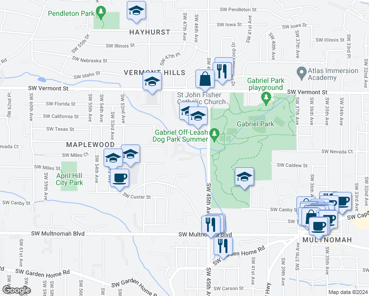 map of restaurants, bars, coffee shops, grocery stores, and more near 4703 Southwest Caldew Street in Portland