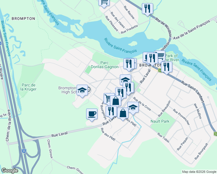 map of restaurants, bars, coffee shops, grocery stores, and more near 20 Rue Leblanc in Sherbrooke