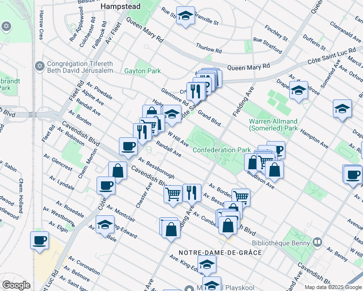 map of restaurants, bars, coffee shops, grocery stores, and more near 5280 Avenue West Hill in Montréal