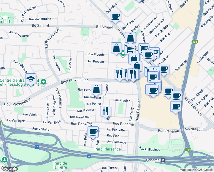 map of restaurants, bars, coffee shops, grocery stores, and more near Avenue Platon in Brossard