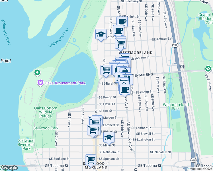 map of restaurants, bars, coffee shops, grocery stores, and more near 1630 Southeast Rural Street in Portland