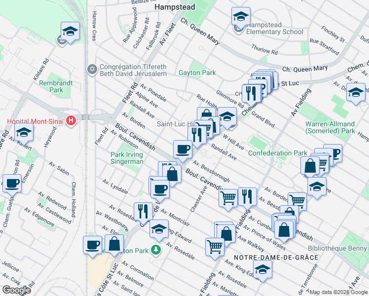 map of restaurants, bars, coffee shops, grocery stores, and more near 5503 Avenue Borden in Côte Saint-Luc