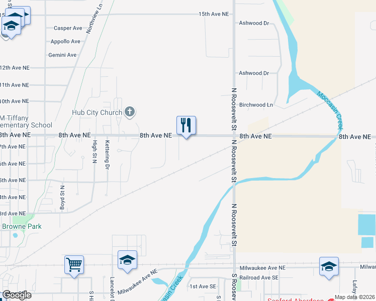 map of restaurants, bars, coffee shops, grocery stores, and more near 612 8th Avenue Northeast in Aberdeen