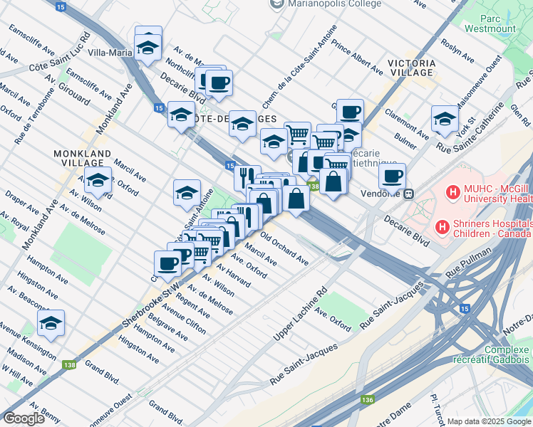 map of restaurants, bars, coffee shops, grocery stores, and more near 3415 Avenue Girouard in Montréal