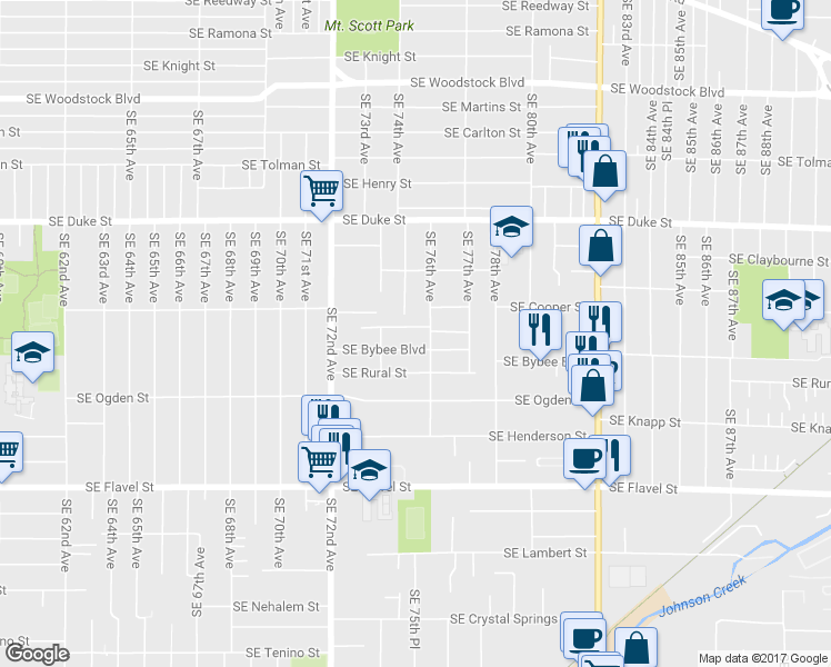 map of restaurants, bars, coffee shops, grocery stores, and more near 7518 SE Evergreen St in Portland