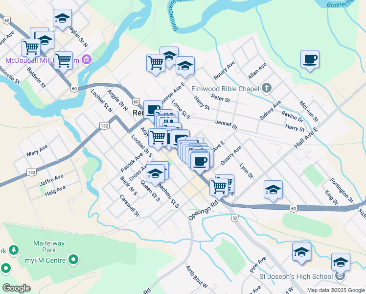 map of restaurants, bars, coffee shops, grocery stores, and more near 13 Railway Avenue in Renfrew