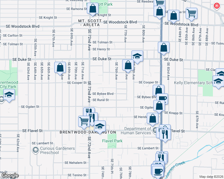 map of restaurants, bars, coffee shops, grocery stores, and more near 7518 Southeast Evergreen Street in Portland